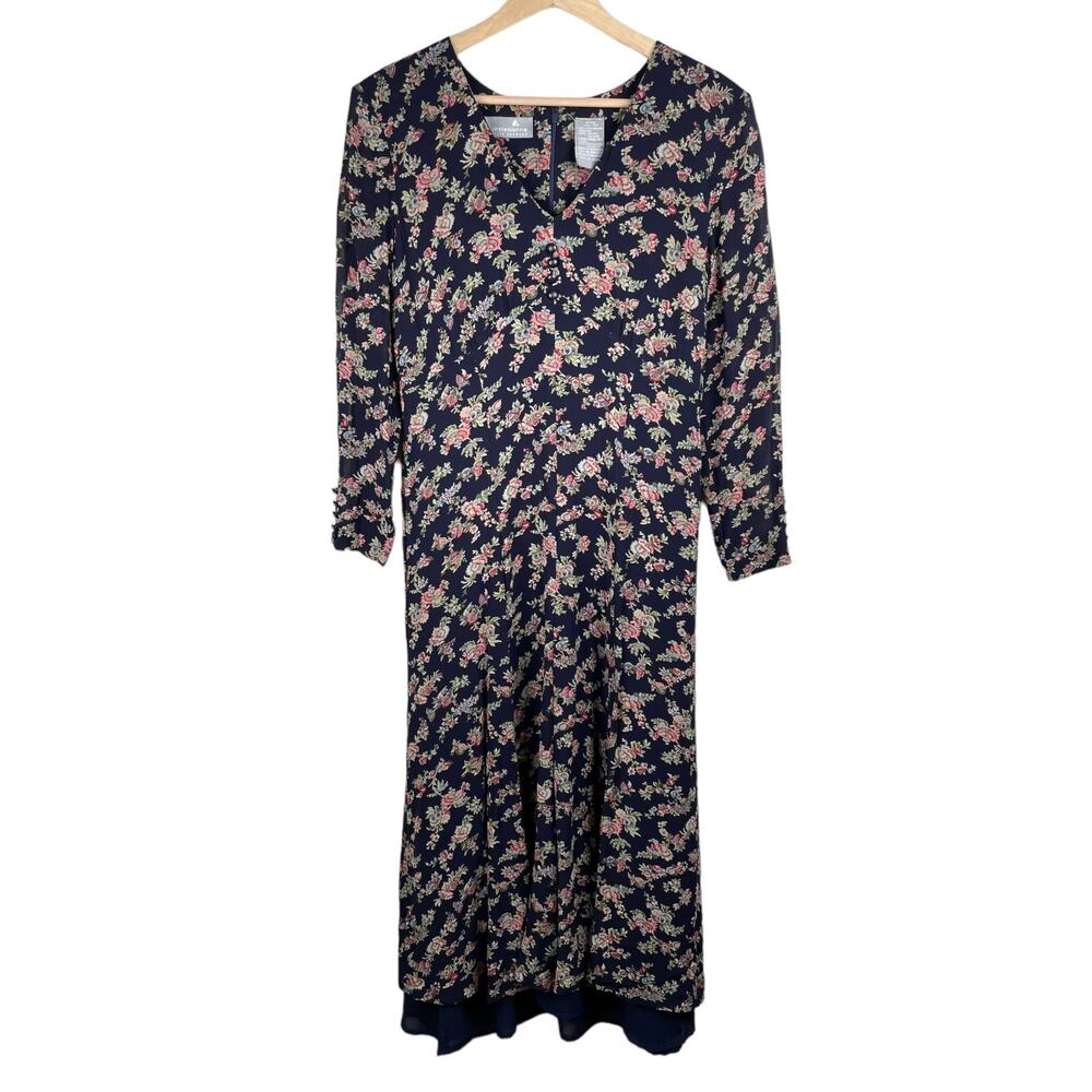 90s Vintage Navy Floral Cottagecore Prairie Midi 3/4 Sleeve Dress Size 10P